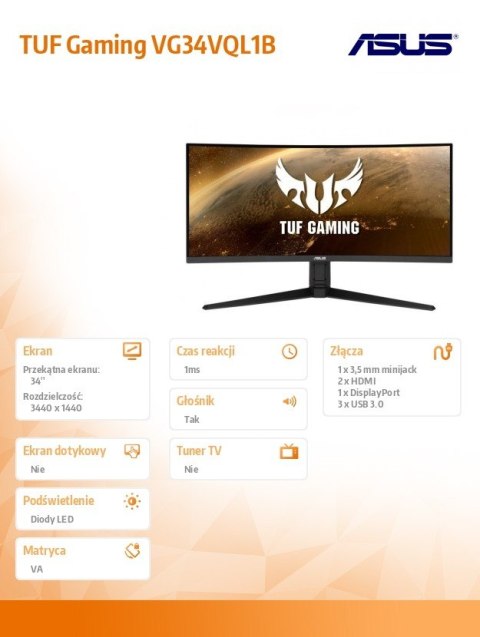 Monitor 34 cale VG34VQL1B UWQHD 21:9 1500R 165Hz 1MS HDMIx2 DPx2 USB3.1x4 Głośnik PBP PIP Monitor 34 cale VG34VQL1B UWQHD 21:9 1500R 165Hz 1MS HDMIx2 DPx2 USB3.1x4 Głośnik PBP PIP