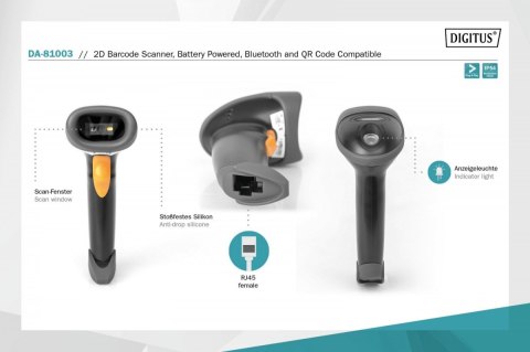 Czytnik kodów kreskowych bezprzewodowy Bluetooth, 1D i 2D, zgodny z kodami QR, Stojak w zestawie