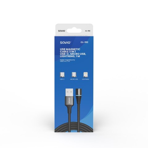 Kabel magnetyczny USB - USB typ C, Micro i Lightning, czarny, 1m, CL-152 Kabel magnetyczny USB - USB typ C, Micro i Lightning, czarny, 1m, CL-152