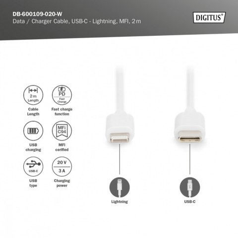 Kabel do transmisji danych/ładowania USB C/Lightning MFI 2m Biały Kabel do transmisji danych/ładowania USB C/Lightning MFI 2m Biały