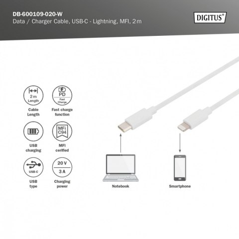 Kabel do transmisji danych/ładowania USB C/Lightning MFI 2m Biały Kabel do transmisji danych/ładowania USB C/Lightning MFI 2m Biały